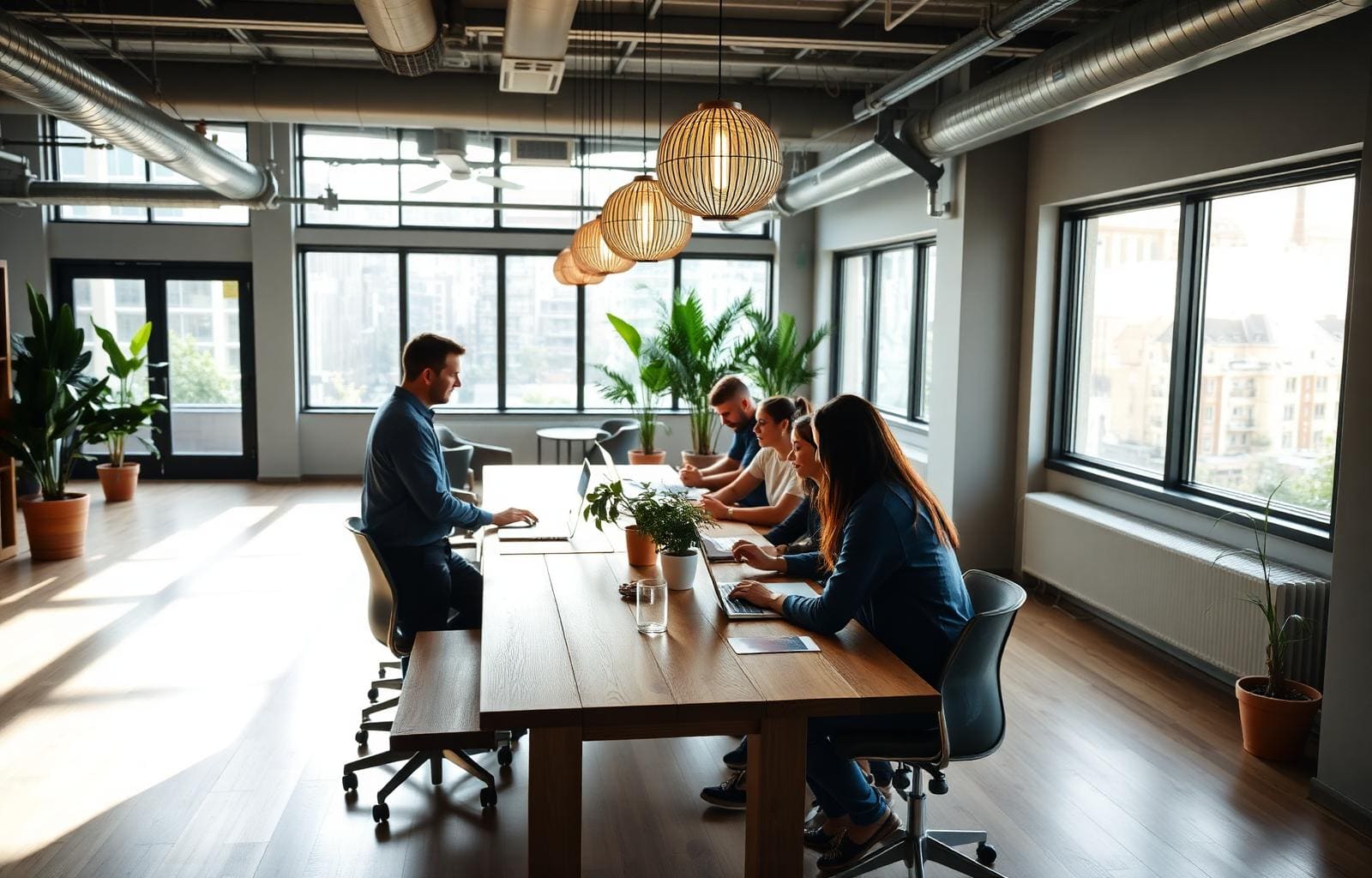 A modern co-working space with members collaborating around a long table